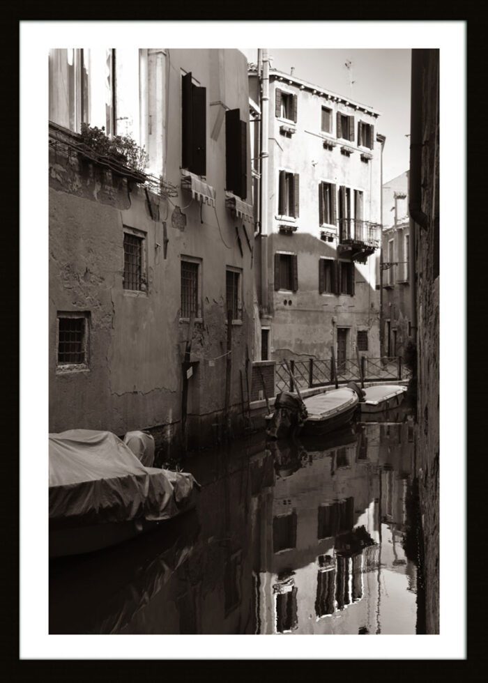 Framed Venice Canal in Black and White (Sepia Toned) Original Photograph by Kim A. Bailey