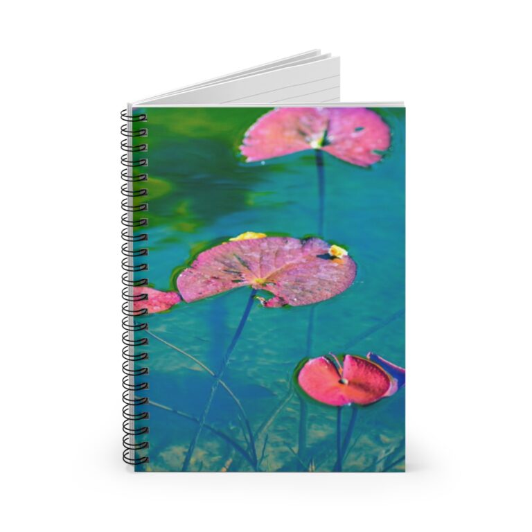Spiral Notebook "Water Lilies (Pink and Green)" Photograph by Kim A. Bailey - Ruled Line with Pocket