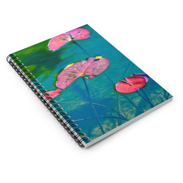 Spiral Notebook "Water Lilies (Pink and Green)" Photograph by Kim A. Bailey - Ruled Line with Pocket