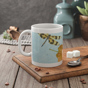 "Dragonfly and Leaf" White Ceramic Mug
